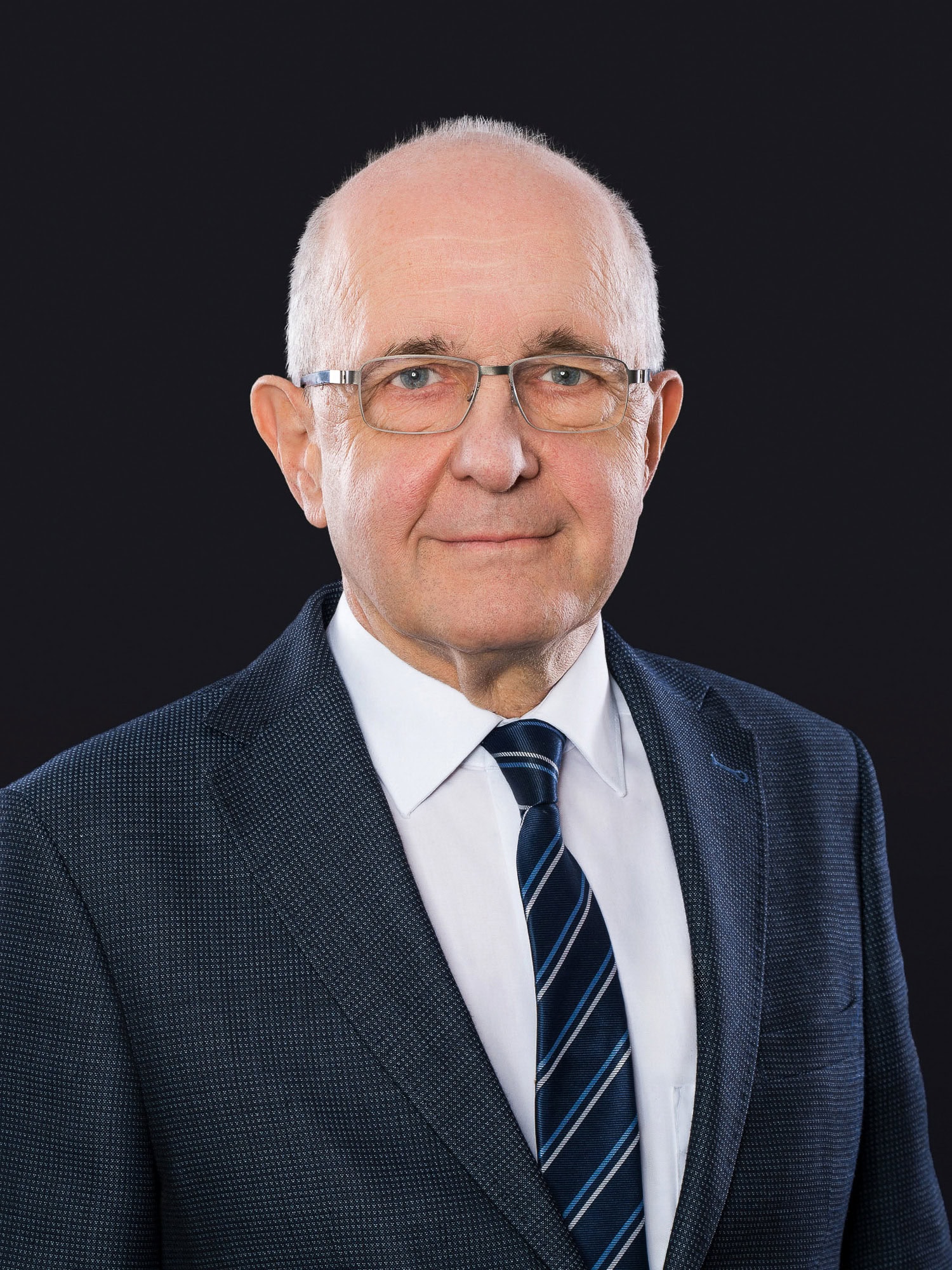 Ein älterer Mann mit Brille, kurzen grauen Haaren und neutralem Gesichtsausdruck, gekleidet in einen dunklen Anzug, ein weißes Hemd und eine gestreifte Krawatte, posiert vor einem schlichten dunklen Hintergrund, der von Fachwissen im Bereich Verwaltung und Vermietung von Gewerbeliegenschaften zeugt.