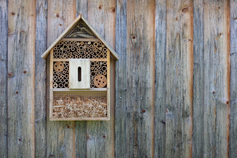 Ein hölzernes Insektenhotel aus verschiedenen Naturmaterialien ist an einem rustikalen Holzzaun angebracht und schafft neue Lebensräume. Die hausförmige Struktur lockt nützliche Insekten wie Bienen und Marienkäfer an und fördert so die Artenvielfalt in Ihrem Garten.
