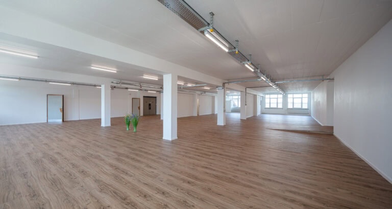 Geräumiger, leerer Raum mit hellem Holzfußboden, weißen Wänden, großen Fenstern, freiliegenden Deckenleuchten und einer einzelnen Blumenvase in der Mitte - ideal für Gewerbeliegenschaften oder Vermietung.