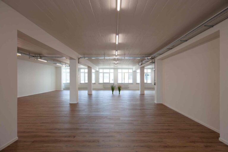 Ein geräumiger, leerer Raum mit Holzböden, weißen Wänden und großen Fenstern, die natürliches Licht hereinlassen - ideale Lebensräume für gemütliches Wohnen. Drei Topfpflanzen sind in der Nähe der Fenster am anderen Ende des Raumes gruppiert.