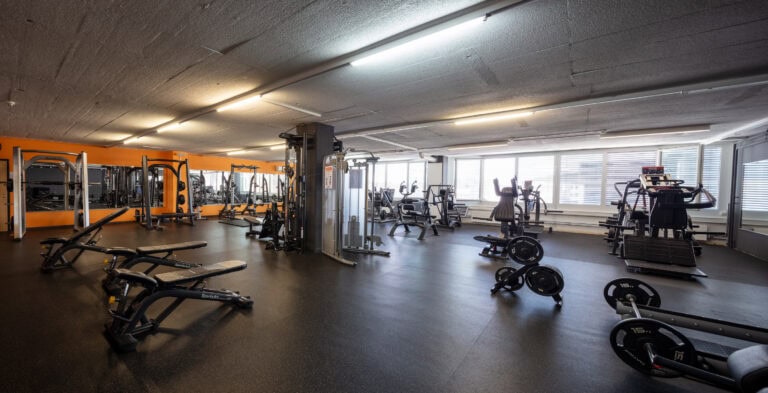 Ein geräumiger Fitnessraum, ideal für Gewerbeliegenschaften, mit verschiedenen Fitnessgeräten - Hantelbänken, Widerstandsmaschinen, freien Gewichten und Kardiogeräten - auf schwarzem Boden und mit großen Fenstern, die viel Tageslicht hereinlassen.