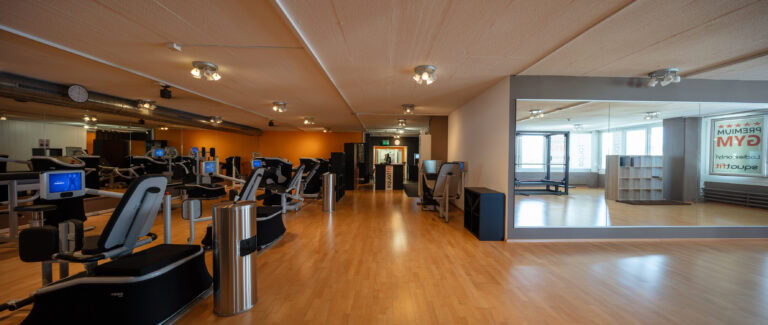 Ein modernes Fitnessstudio mit Holzböden, Fitnessgeräten und heller Beleuchtung - ideal für die Verwaltung oder Vermietung von Gewerbeliegenschaften. Das saubere, geräumige Layout bietet große Spiegel und organisierte Geräte auf jeder Seite.
