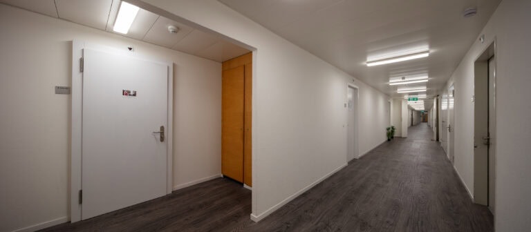 Ein langer, gut beleuchteter Flur mit weißen Wänden, dunklem Holzfußboden und mehreren geschlossenen Türen auf beiden Seiten - ideal für Gewerbeliegenschaften. Links fällt eine weiße Tür neben einem hölzernen Schrank auf, und weiter unten im Flur steht eine Grünpflanze.