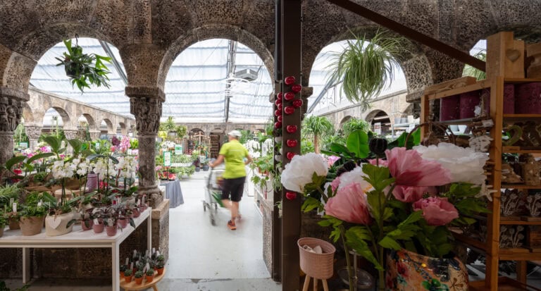 Eine Person in einem gelben Hemd geht durch einen Blumenladen mit großen Steinbögen, umgeben von Topfpflanzen und Blumen, und erkundet grüne Lebensräume unter einer hellen Glasdecke.