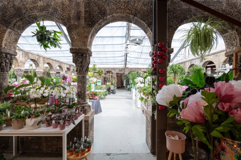 Ein geräumiges Gewächshaus mit Steinbögen, gefüllt mit bunten Blumen und üppigen grünen Pflanzen, die auf Tischen und Regalen unter einem hellen, lichtdurchlässigen Dach angeordnet sind - ideal für Mietangebote oder die Verwaltung von Gewerbeliegenschaften.