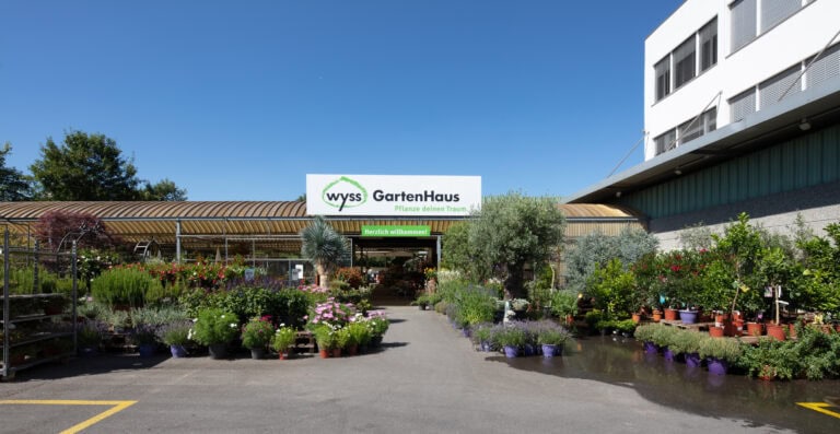 Der Eingang eines Gartencenters mit Blumentöpfen und Pflanzen im Freien unter einem sonnigen blauen Himmel. Auf einem Schild darüber steht 