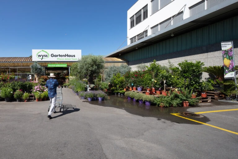 Eine Person schiebt einen Einkaufswagen zum Eingang des Wyss GartenHauses, wo an einem sonnigen Tag lebhafte Topfpflanzen und Blumen einladende Lebensräume vor dem Gartencenter schaffen.