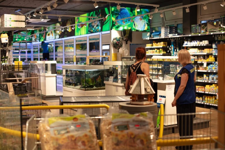 Zwei Frauen stehen in einer hell erleuchteten Zoohandlung in der Nähe von Aquarien und Heimtierbedarf und erkunden lebendige Lebensräume für Fische, mit Becken an den Wänden, Regalen mit Produkten und ausgestellten Dekorationsartikeln.